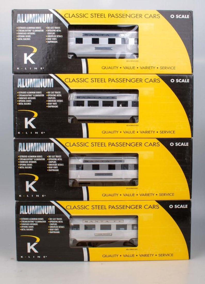 K-Line O Gauge Santa Fe Super Chief Aluminum Passenger Cars 4 - Pack: K-Line O Gauge Santa Fe Super Chief 15" Aluminum Passenger Cars 4-Pack K4630-10001 "Indian Pony" Pullman K4630-10002 "Vista Valley" Observation Car K4630-10003 "Indian Falls" Pullman K4630-10503 #503