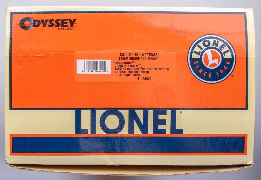 Lionel O Gauge Modern Era C&O 2-10-0 Steam Loco & Tender: Lionel O Gauge Modern Era 6-28079 Chesapeake and Ohio 2-10-0 "Texas" Steam Locomotive and Tender in original shelf worn packaging.