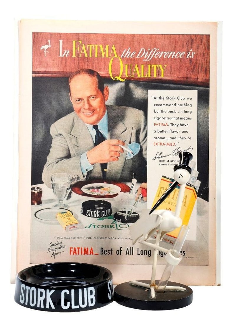 The Stork Club/Sherman Billingsley Cigarette Ad, Ashtray, and Stork Vase (1 of 3)