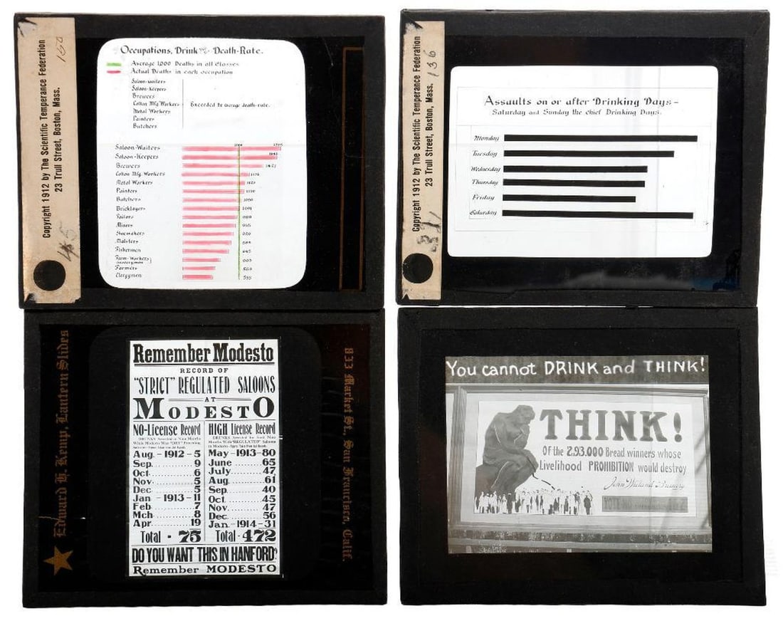 Temperance Education Glass Slides (6), with Later Negatives (Underworld and Misc. 20th Century): A collection of assorted slides and negatives: 1.) TEMPERANCE. A collection of six glass lantern slides (4" x 3 1/8") related to temperance and prohibition education/propaganda: three statistic slides