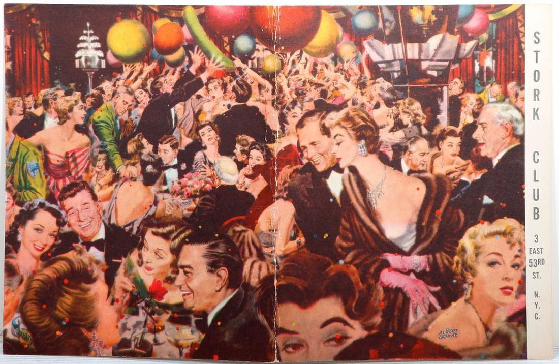 The Stork Club Menus by Albert Dorne, 1950s (2): Two Stork Club menus illustrated by Albert Dorne (1904-1965); one dated 1956 (11" x 8 1/2"); and another framed (8 3/4" x 10 3/4"; frame 11" x 14 1/4"). Condition: both good overall, with wear at spin