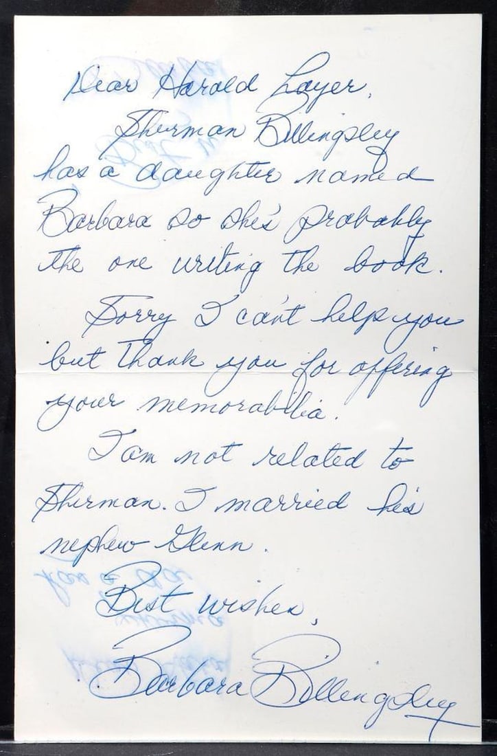 Actress Barbara Billingsley, Signed Letter Re: Relation to Sherman Billingsley: BARBARA BILLINGSLEY (1915-2010). An autographed letter on personal card/stationery signed by the actress, to collector Professor Harold Layer in response to offer of STORK CLUB memorabilia, explaining