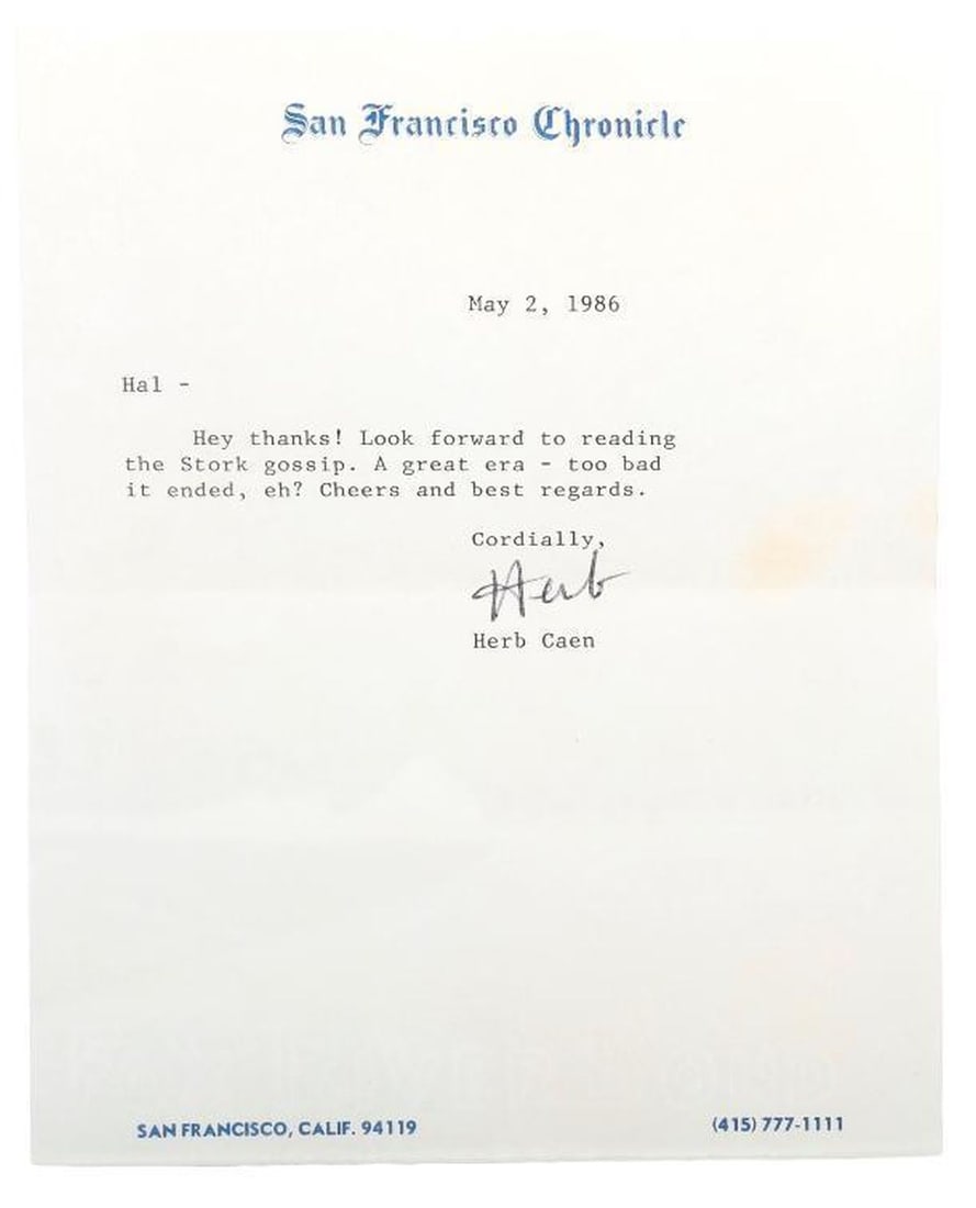 Herb Caen Signed Note Regarding The Stork Club: HERB CAEN (1916-1997). A typed letter signed on San Francisco Chronicle letterhead, dated May 2, 1986. Caen responds to Professor Harold Layer's letter (copy included) asking his thoughts on The 