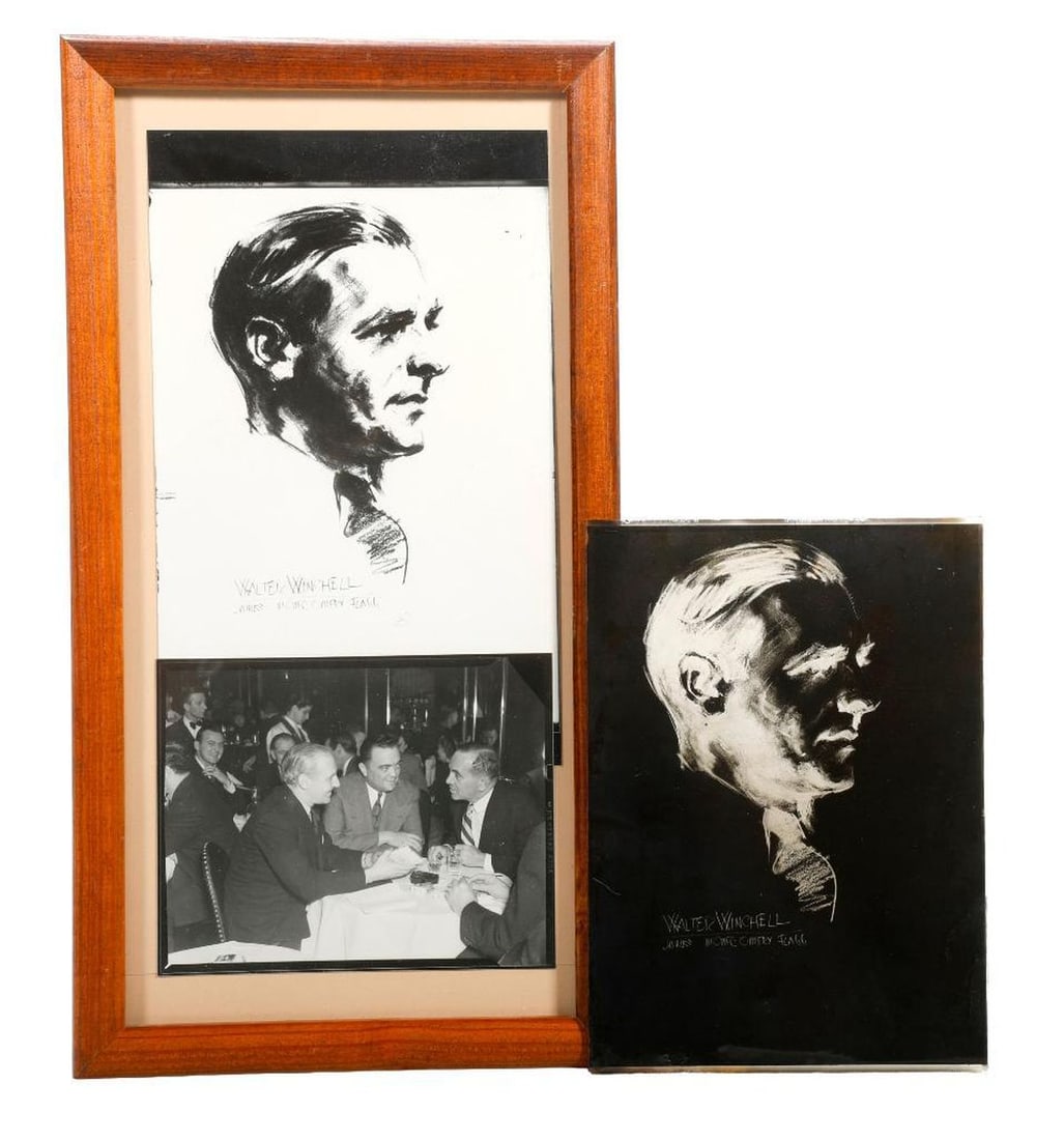 Walter Winchell by James M. Flagg (Glass Negatives): JAMES MONTGOMERY FLAGG (1877-1969). Two glass plate negatives of Flagg's portrait illustration of Winchell; one is broken, but the other slightly larger one (7" x 5") is intact. Together with a later 
