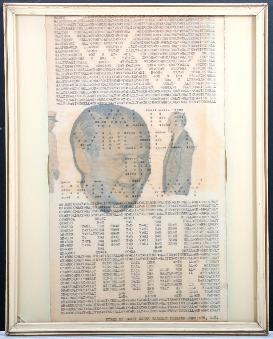 Typewriter Art for Walter Winchell, By Harry Cohen/Parkway Theater, c. 1929: [NEW YORK DAILY MIRROR; PARKWAY THEATER, BROOKLYN.] HARRY COHEN (1881-1949). An original circa 1929 typographic art piece created by Cohen, a musician/conductor at the Parkway Theater in Brooklyn, kno
