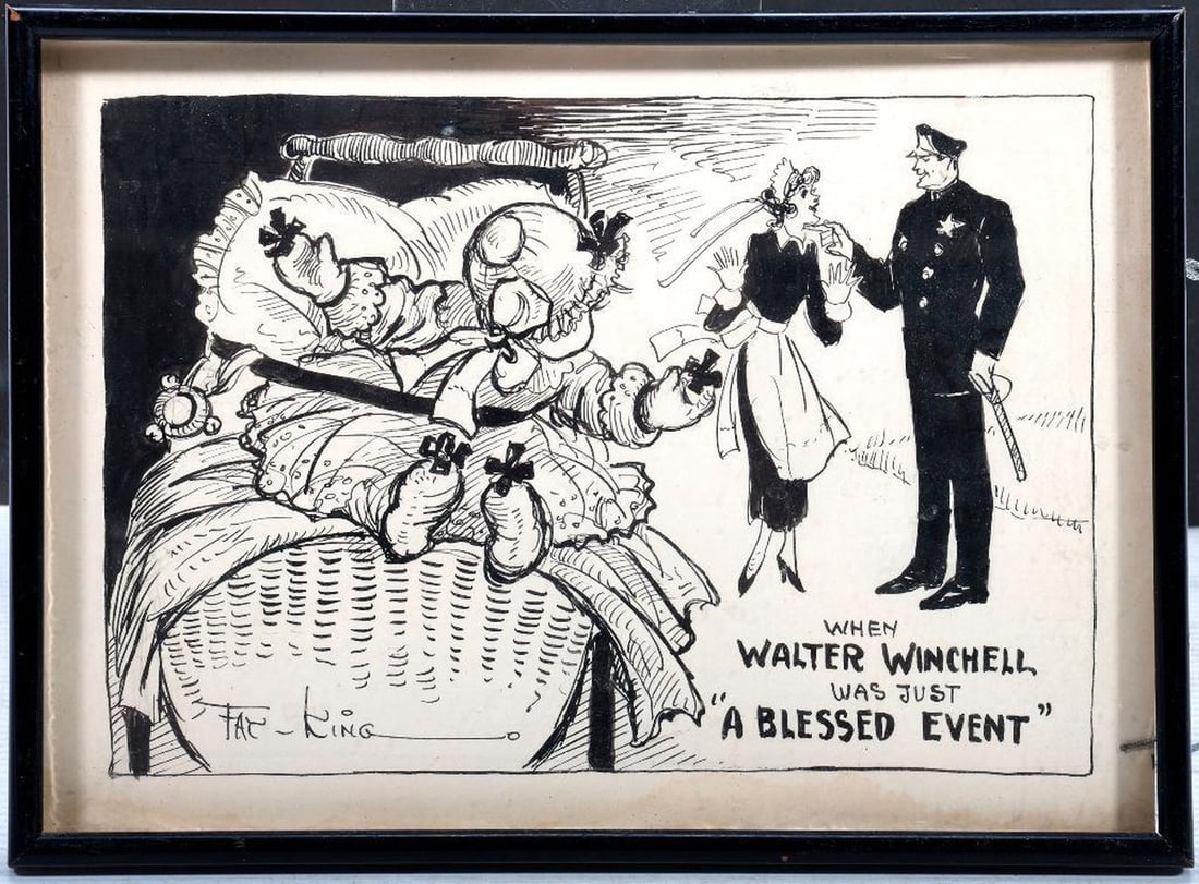 Fay Barbara King (1889-?), Original Art [Walter Winchell]: FAY BARBARA KING (1889 - ?). A circa late 1920s/early 1930s original ink on paper drawing by the Jazz Age cartoonist. Signed: Fay King lower left. Titled: "When Walter Winchell Was Just 'A Blesse