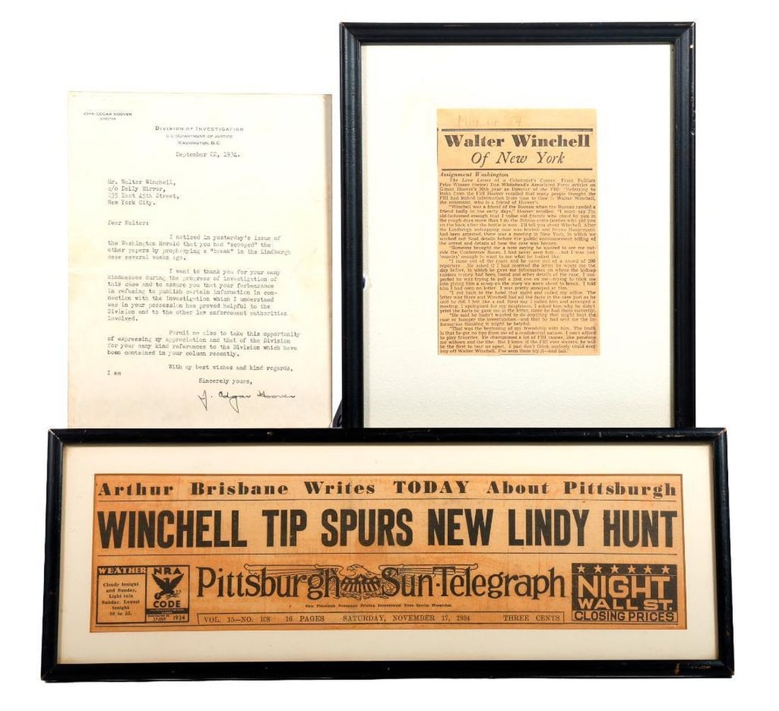 J. Edgar Hoover TLS to Walter Winchell on Lindbergh Case, with Clippings (1 of 3)