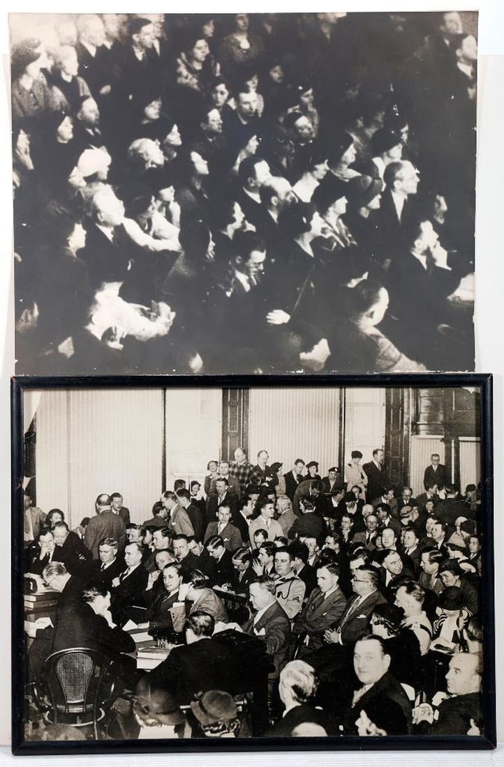 Lindbergh Case Court Scene Original Photo, with another: TRIAL OF BRUNO HAUPTMANN FOR CHARLES LINDBERGH, JR. KIDNAPPING/MURDER [DAVID T. WILENTZ; WALTER WINCHELL]. Original/vintage photograph, 1935 courtroom scene in Flemington, New Jersey, showing prosecut