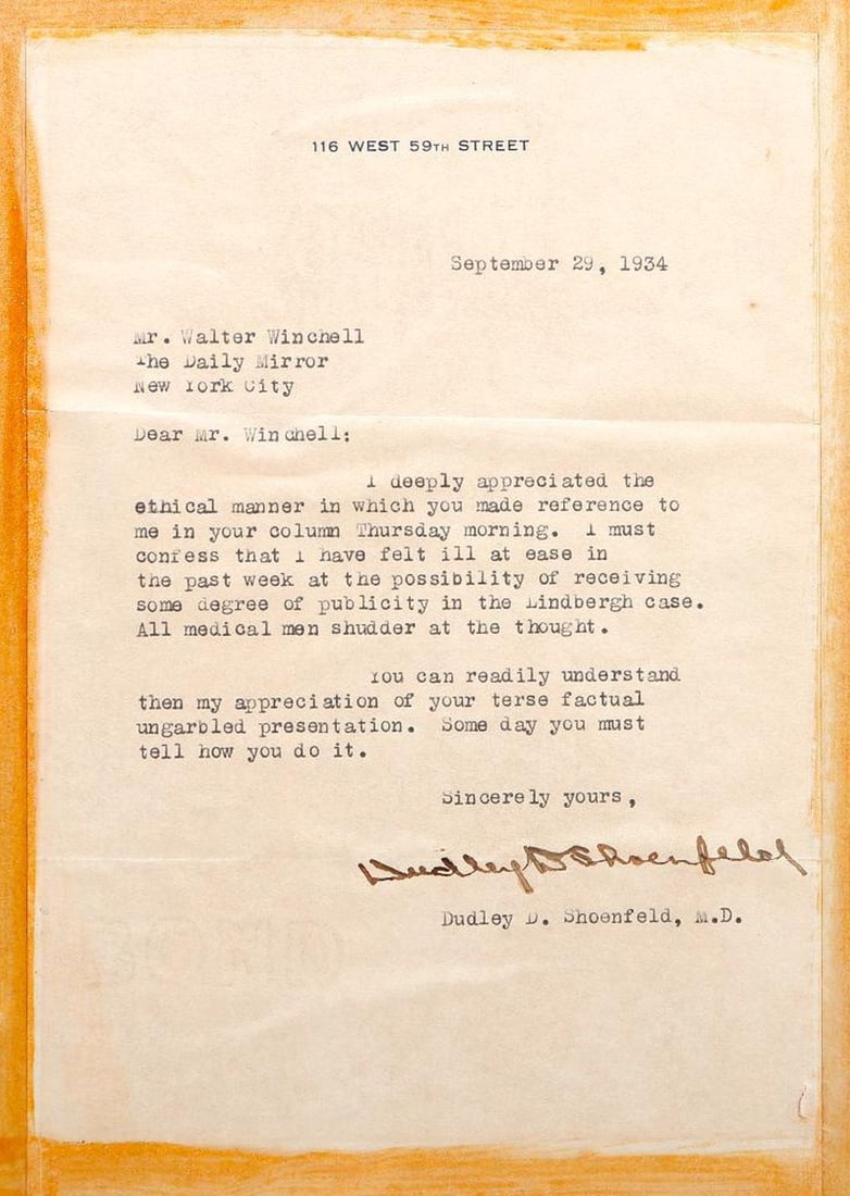 Dr. Dudley D. Shoenfeld TLS [Lindbergh Case; Walter Winchell] (1 of 2)