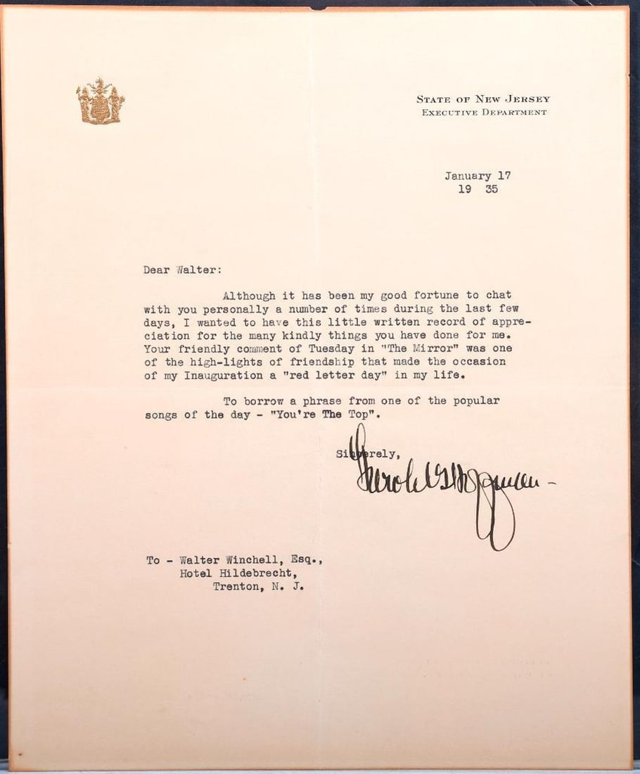 Gov. Harold G. Hoffman TLS, to Walter Winchell [Inauguration/"Anything Goes"]: [LINDBERGH CASE; INAUGURATION; COLE PORTER SONG REFERENCE.] HAROLD GILES HOFFMAN (1896-1954). A single-page typed letter signed by the 41st Governor of New Jersey (1935-1938), on State of New Jersey, 