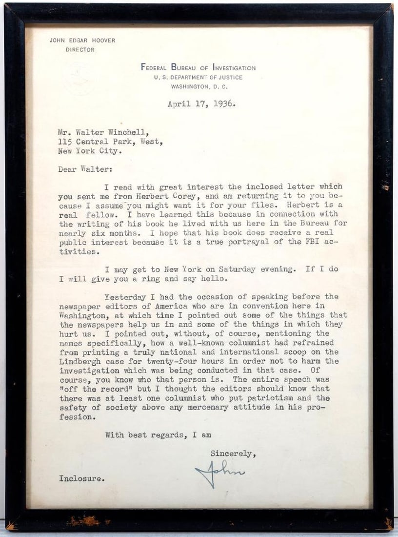 J. Edgar Hoover TLS to Walter Winchell [Herbert Corey; Lindbergh Case] (1 of 1)