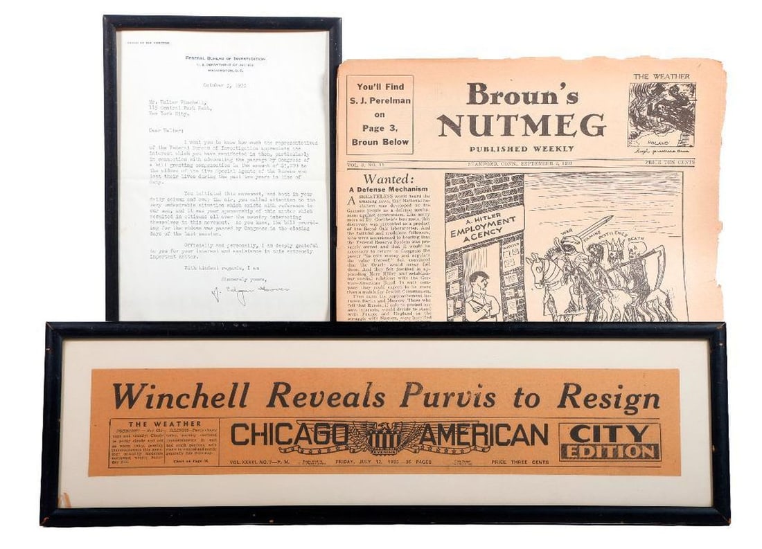 J. Edgar Hoover TLS to Walter Winchell, with Purvis Headline [Dillinger Squad] and Broun Article (1 of 3)