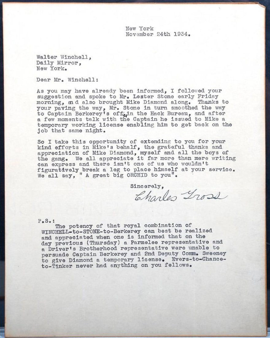 A TLS to Walter Winchell, New York "Hack Bureau" Favors (1 of 1)