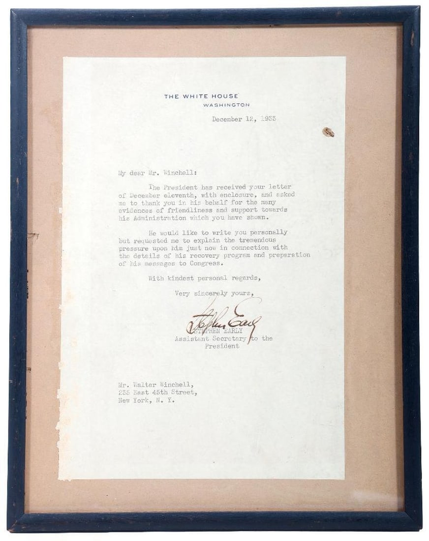 Sec. Stephen Early, TLS to Walter Winchell [FDR New Deal] (1 of 1)