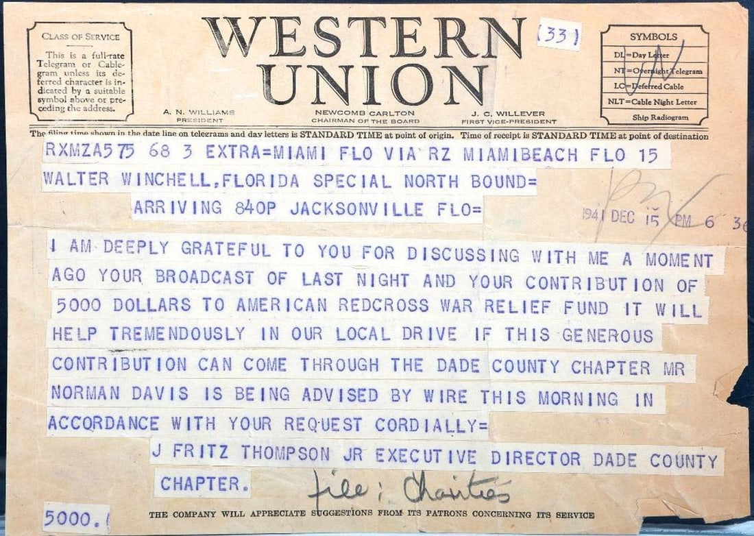 American Red Cross Telegram to Winchell [Pearl Harbor] (1 of 1)
