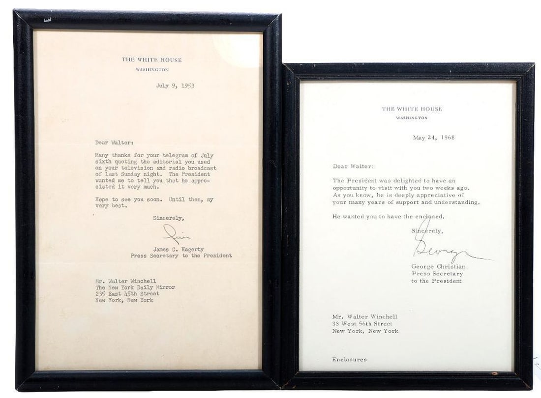 Two U.S. Press Secretary TLS, 1953/1968 [Walter Winchell]: 1.) JAMES CAMPBELL HAGERTY (1909-1981). A single-page typed letter signed by Dwight D. Eisenhower's Press Secretary, James C. Hagerty, on White House letterhead, dated July 9, 1953. Addressed to Walte