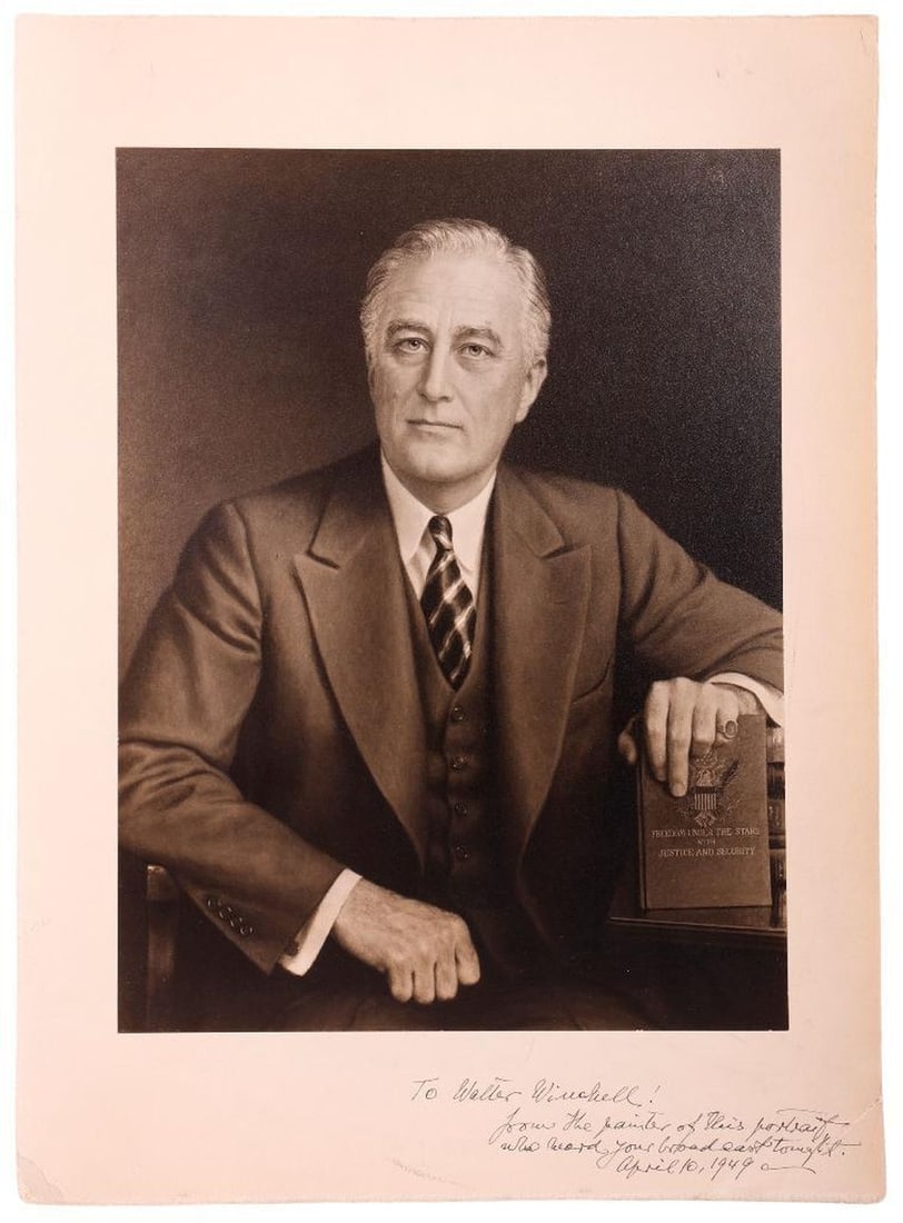Print of FDR Painting, by Johan Waldemar Rehling-Quistgaard (1877-1962): JOHAN WALDEMAR REHLING-QUISTGAARD (1877-1962). A circa 1949 black and white photographic print of a painted portrait of President Franklin Delano Roosevelt, 12 3/4" x 10"; laid down on thick paper (17