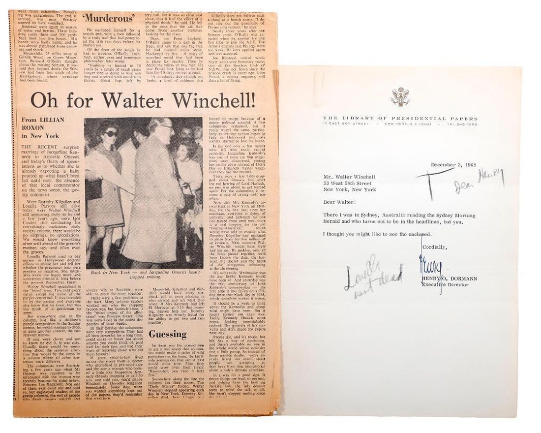 Henry O. Dormann TLS to Winchell, with Patriotic Mementos (1 of 5)