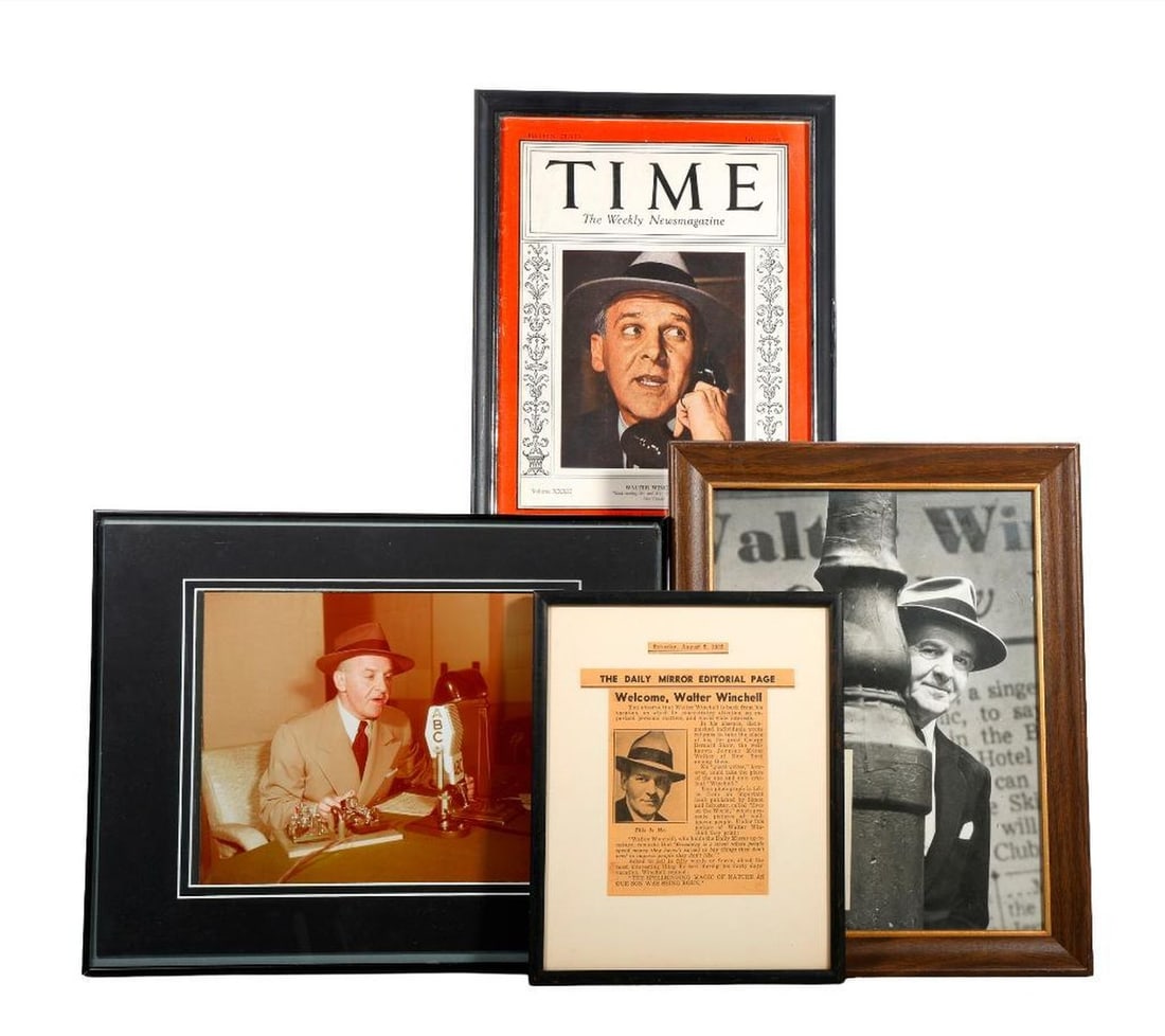 Walter Winchell Framed Photos/Time Cover and Clippings (7): WALTER WINCHELL. A group of six framed items, including column clippings lauding Winchell (sometimes wryly): 1.) An original circa early 1950s color photograph of Winchell giving his ABC broadcast, 7 