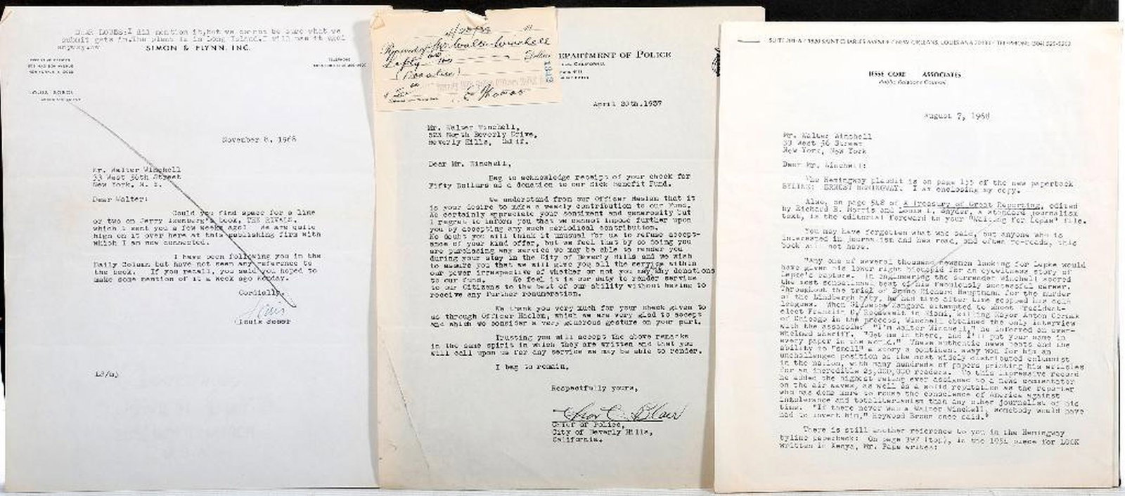 Assorted Letters to Walter Winchell [Charity, Journalism, Publicity, etc.] (1 of 4)
