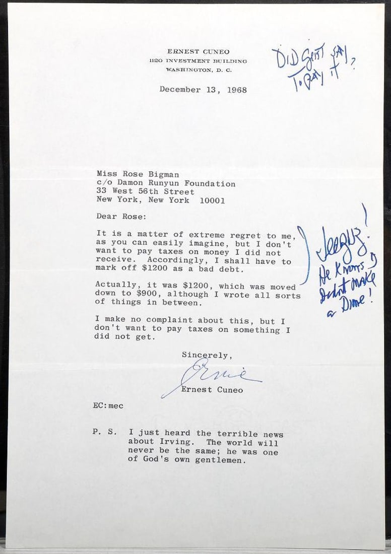 Ernest Cuneo TLS to Rose Bigman, with Walter Winchell Notations (1 of 1)