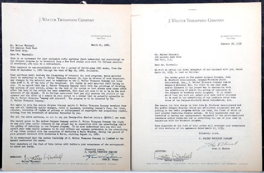 Jergens Company Winchell/NBC Contract/Sponsor Ephemera Group (1 of 6)