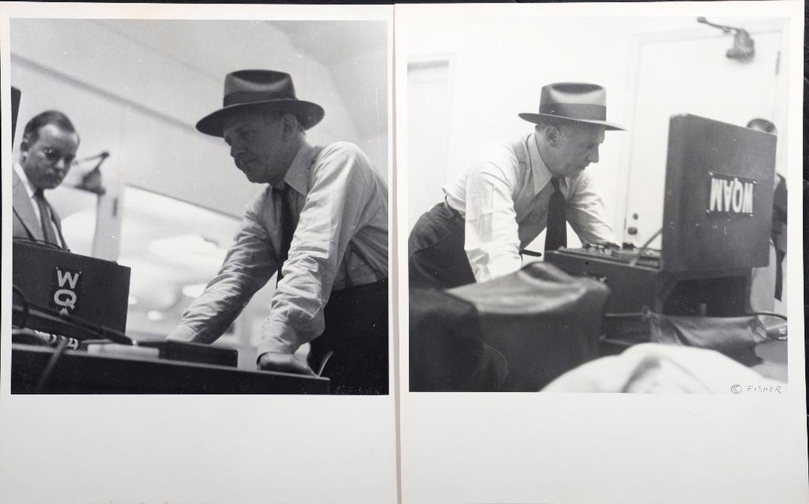Ray Fisher (1924-2020), Walter Winchell Original Photos (5): Artist: Ray Fisher (1924-2020). Title/Description: Walter Winchell series, listening to tapes at ABC affiliate WQAM in Miami (5 images). Each print signed or marked [copyright] Fisher in pencil o