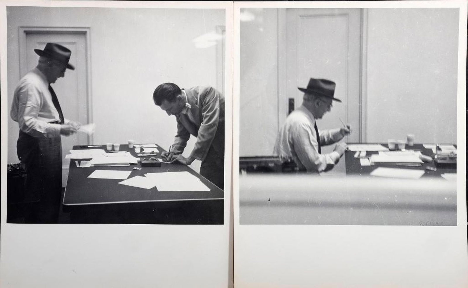 Ray Fisher (1924-2020), Original Walter Winchell Photos (4): Artist: Ray Fisher (1924-2020). Title/Description: Walter Winchell series, reviewing scripts at ABC (4 images). Each print signed or marked [copyright] Fisher in pencil on the image lower right; and s