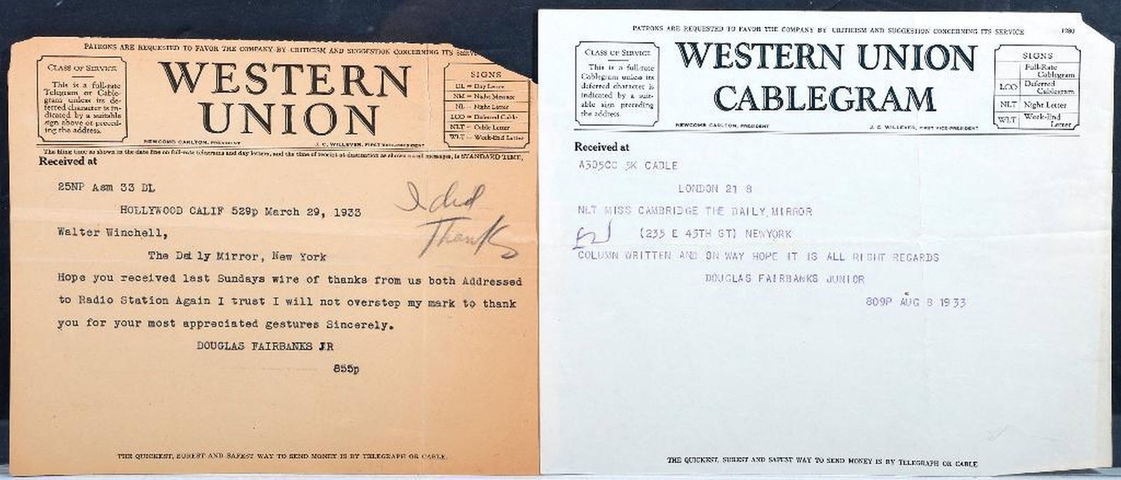Douglas Fairbanks Jr. Telegrams (2) and TLS to Winchell: DOUGLAS FAIRBANKS JR. (1909-2000). Three items from Fairbanks to Walter Winchell/The Daily Mirror: 1.) TYPED LETTER SIGNED. On The Beach House, Santa Monica letterhead. June 24, 1937. 8" x 5" (folded)