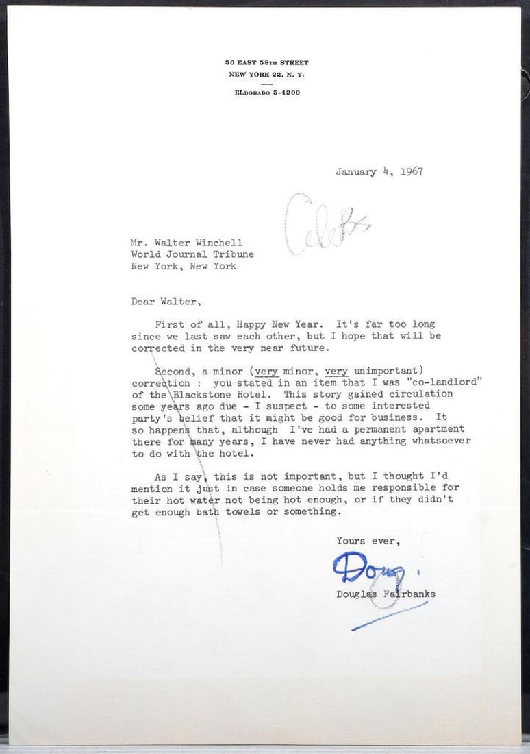 Douglas Fairbanks Jr. TLS to Walter Winchell [Blackstone Hotel, Chicago]: DOUGLAS FAIRBANKS JR. (1909-2000). A single-page typed letter signed by Fairbanks ("Doug") on letterhead for 50 East 58th St., New York; addressed to Walter Winchell at the World Journal Tribune, New 