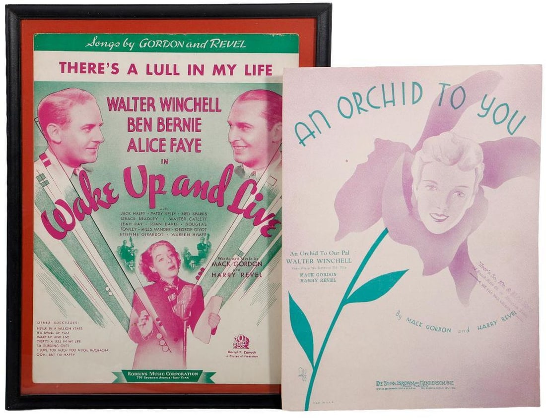 Walter Winchell Film/Music Ephemera Group (6): Group of Walter Winchell related ephemera: 1.) AN ORCHID TO YOU. Sheet music, words and music by Mack Gordon and Harry Revel. "An Orchid To Our Pal Walter Winchell, From Whom We Borrowed This Title"; 