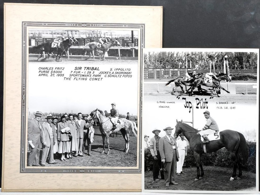 Two Vintage Horserace Photos: Top Pilot (1949), and Sir Tribal (1955): Two original mid-20th century horse race press photographs: 1.) TOP PILOT. Owner Gustave Ring and jockey Steve Brooks, at Hialeah Park, February 28, 1949. Image inscribed: "Turf Pit by Mike Siric