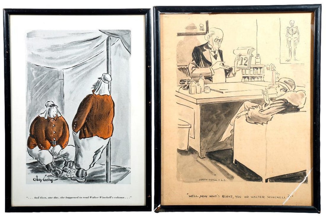 Group of Walter Winchell Theme Cartoons (5), incl. 2 Original: [WALTER WINCHELL.] A group of five original and printed comics reflecting Winchell's cultural reach: 1.) JERRY DOYLE (1898-1986) and L.S. A circa 1920s signed original ink and wash cartoon panel 