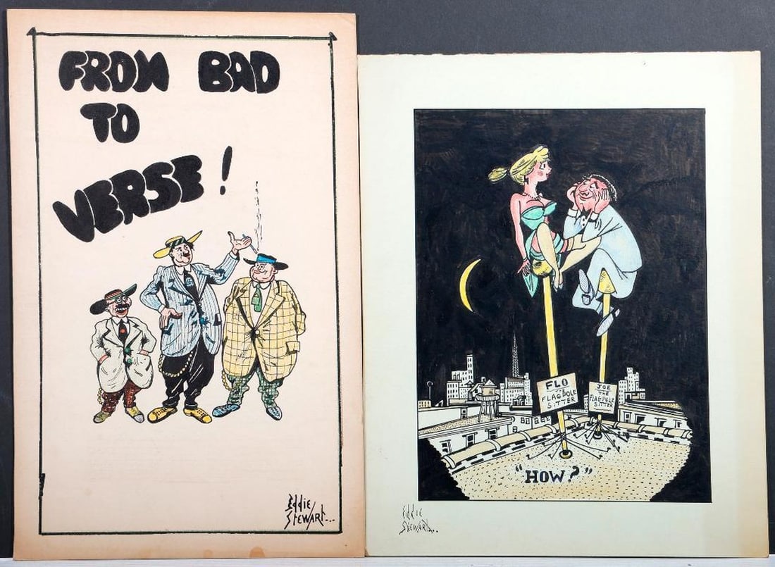 Eddie F. Stewart (20th Century), Original Illustrations (3): Artist: Eddie F. Stewart (20th Century). Three circa 1940s-1950s original illustrations/comic panels, ink and color pencils on board: 1.) "From Bad To Verse!" depicting Hirohito, Hitler, and Churchill