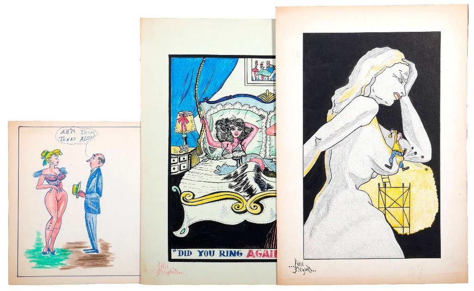 Eddie F. Stewart (20th Century), Original Illustrations (3): Artist: Eddie F. Stewart (20th Century). Three circa 1940s-1950s original illustrations/comic panels, ink and color pencils on board: 1.) "Did You Ring Again Madam?"; signed Eddie Stewart lower left; 