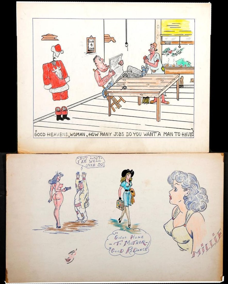 Eddie F. Stewart (20th Century), Original Illustrations (3): Artist: Eddie F. Stewart (20th Century). Three circa 1940s original illustrations/comic panels, ink and color pencils on board: 1.) "G"osh. No Ships Again, This Week Mr. Evans!"; signed Eddie Stewart 