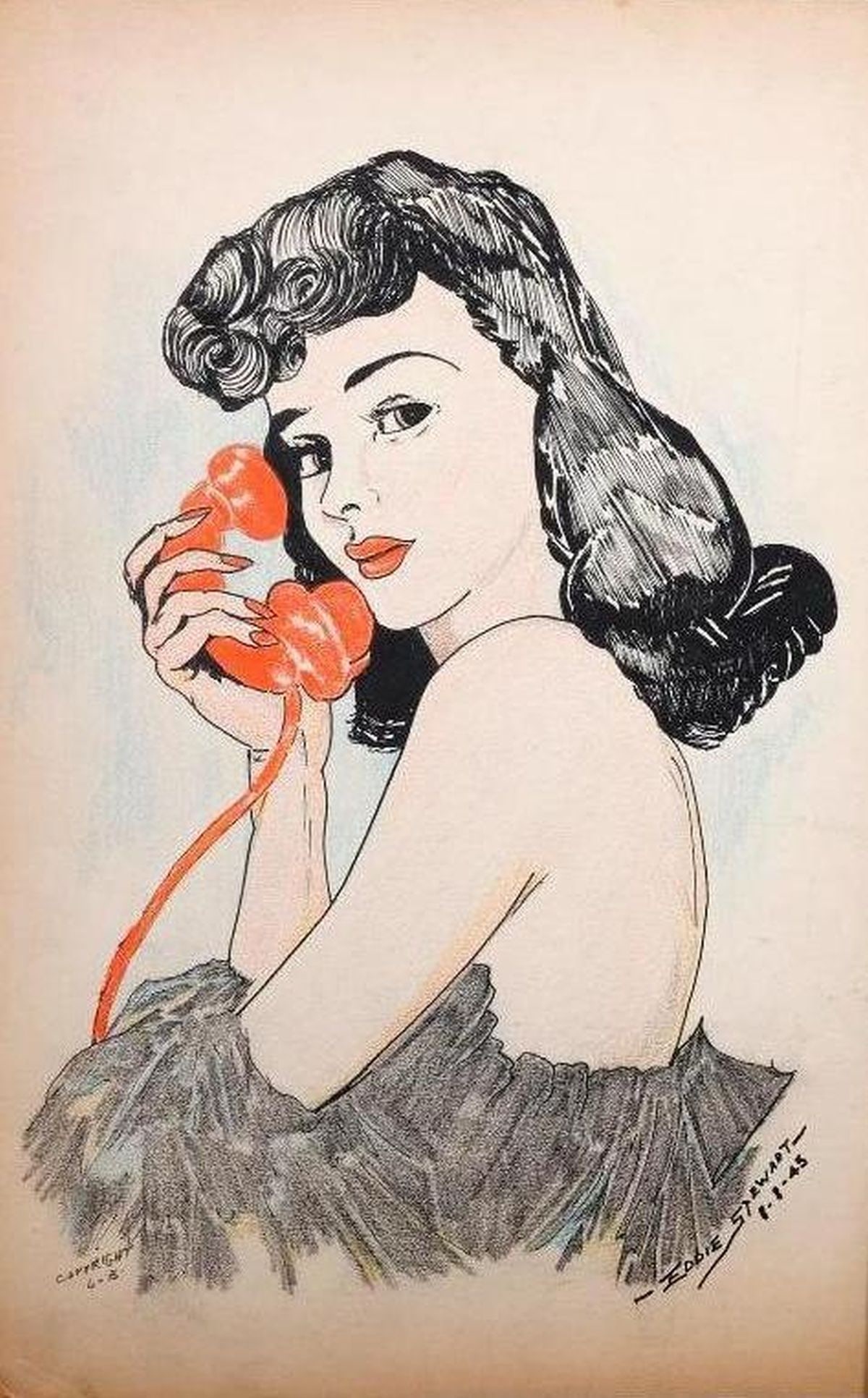Eddie F. Stewart (20th Century), Original Illustrations (3): Eddie F. Stewart (20th Century) Three 1940s to circa 1950s illustrations/comic panels, ink and color pencils/chalk on board: 1.) Pinup girl with red phone; signed/dated Eddie Stewart, 8-8-45 lowe