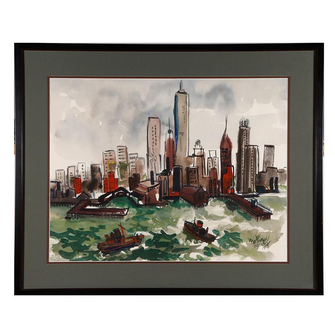 Marybelle S. Bigelow (1923-2003), New York East River Watercolor: Artist: Marybelle S. Bigelow (1923-2003). Title: East River from Brooklyn. Signature: Lower right.\ Medium: Watercolor on paper. Artwork: 19 x 24 1/2 inches. Frame: 26 1/4 X 31 1/2 inches. Condit