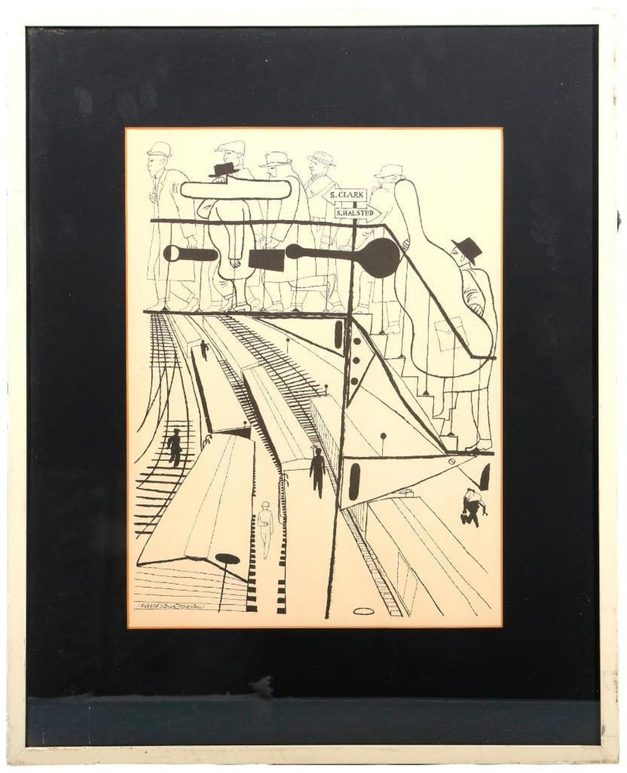 David Stone Martin (1913-1992), Print: Artist: David Stone Martin (1913-1992). Title/Description: Chicago jazz musicians at train station. Signature: In plate lower left. Medium: Lithograph. Size: 13 3/4" x 10 1/4" (sight); 20 3/4" x 16 3/