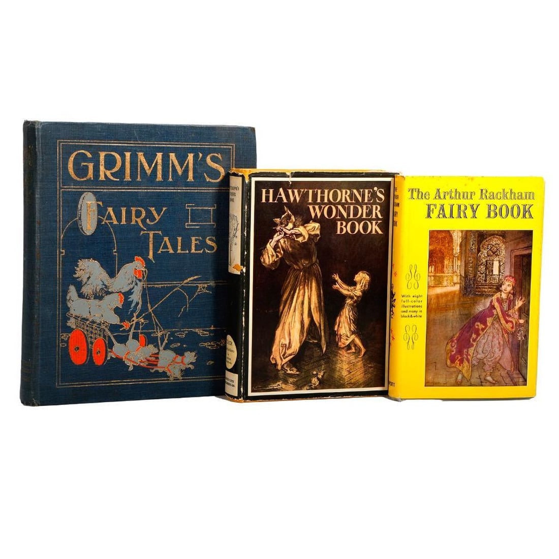 Vintage Children's Books, Fairy Tales and Shakespeare (7): 1.) GRIMM'S FAIRY TALES. New York: McLoughlin Bros., 1890. Translated by Ella Boldry. Illustrated by R. Andre. 4to. Gilt pictorial blue cloth boards. Color frontispiece illustration; line illustration