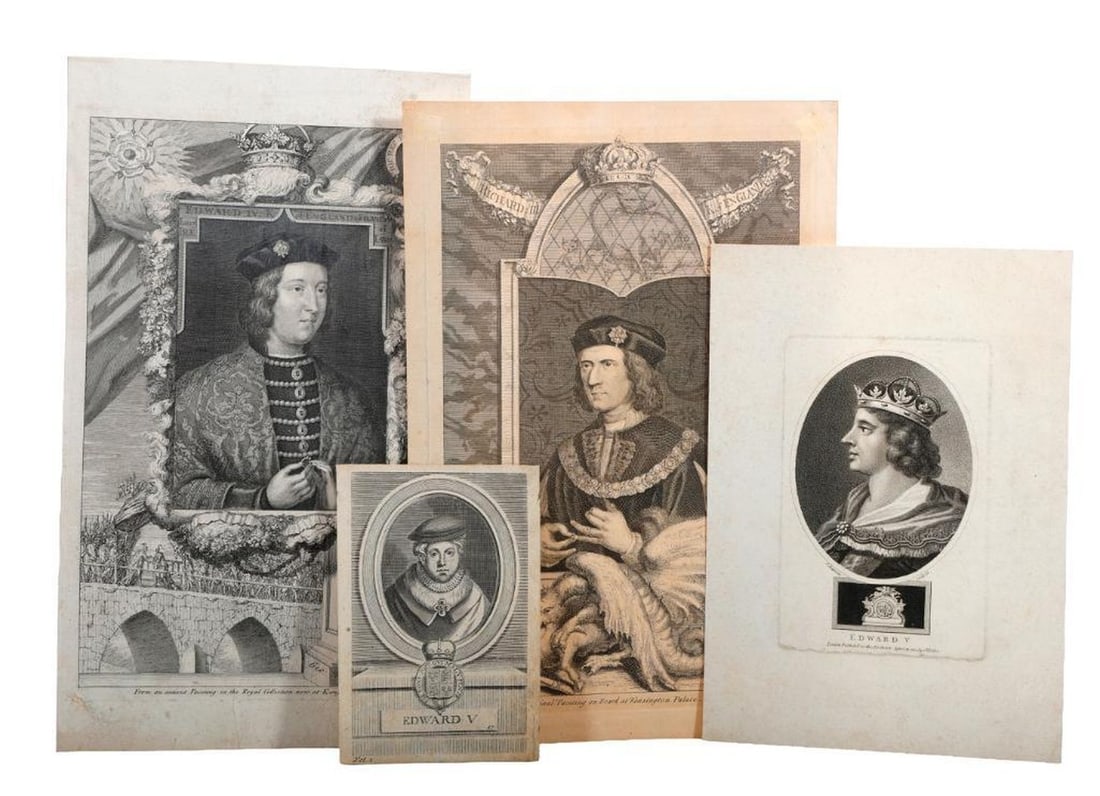 English Royalty, 18th-20th Century Engravings/Prints: [ENGLISH HISTORY.] A collection of vintage engravings/prints of royal figures, including five circa 1730s or later by George Vertue: Edward IV (laid down; trimmed, losses); Edward V, 2 copie