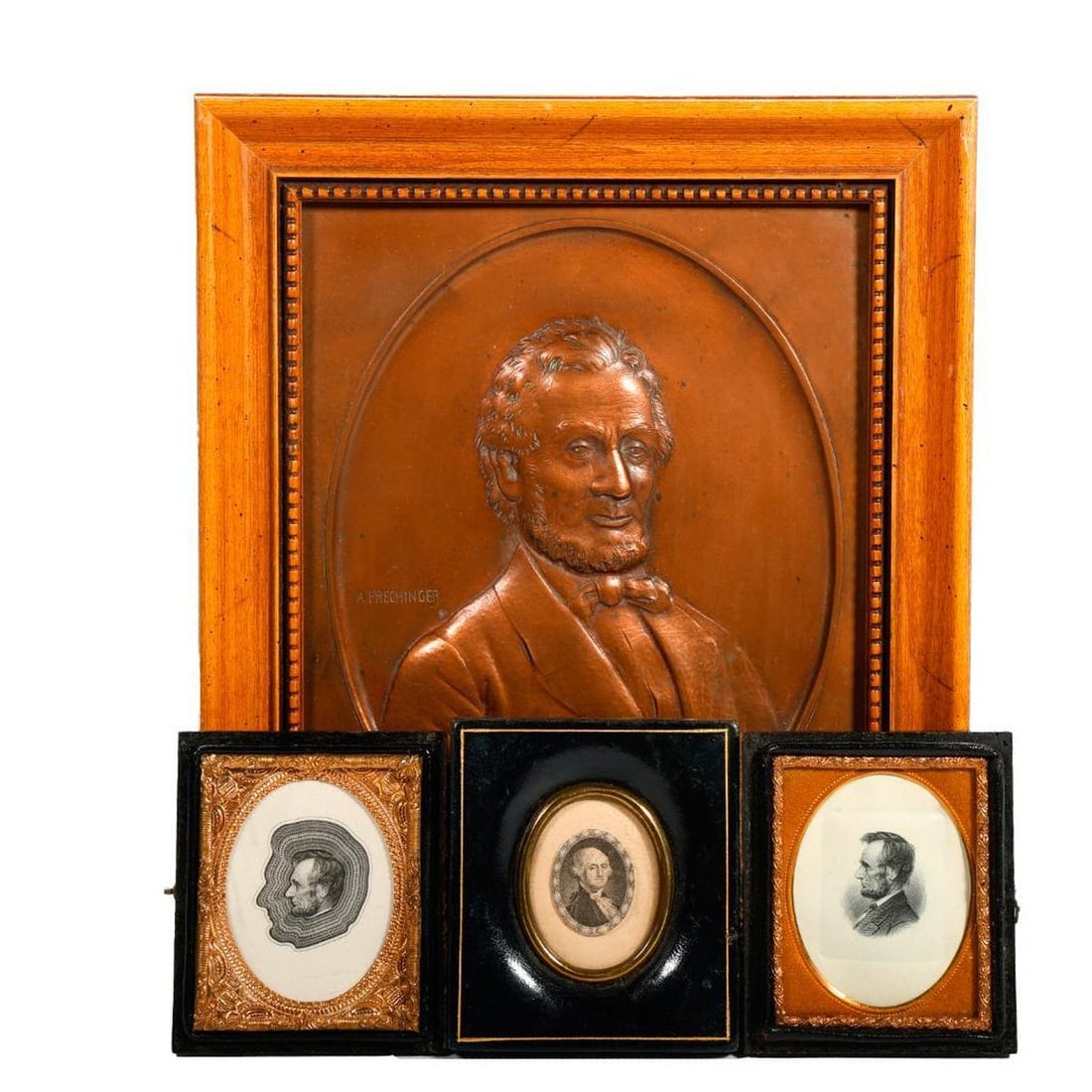 Copper Plaque of Lincoln by A. Frechinger, with 3 Miniature Prints (1 of 2)