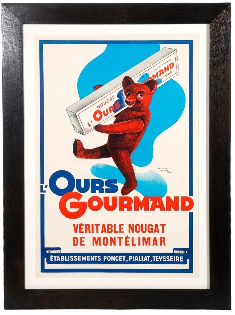 Vintage French Advertising Poster, L'Ours Gourmand: A vintage French candy advertising poster, "L'ours Gourmand, Veritable Nougat De Montelimar," by R. Martin, Lyon. 23 1/2" x 15 1/2" (sight); nicely matted and framed, 29 1/2" x 21 1/2." Condition: app