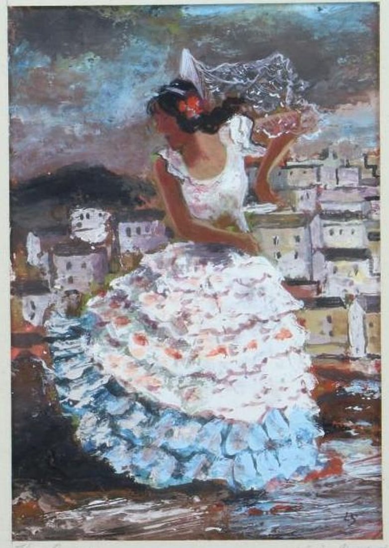 Louis Siegriest (1899 - 1989), Small Flamenco Dancer Painting: Artist: Louis Bassi Siegriest (1899 - 1989). Title: The Dancer. Signature: Initialed "LS" l/r. Medium: Gouache on paper. Size: Image: 6 1/2 x 4 1/2 inches (sight); 13 3/4 x 11 3/4 inche