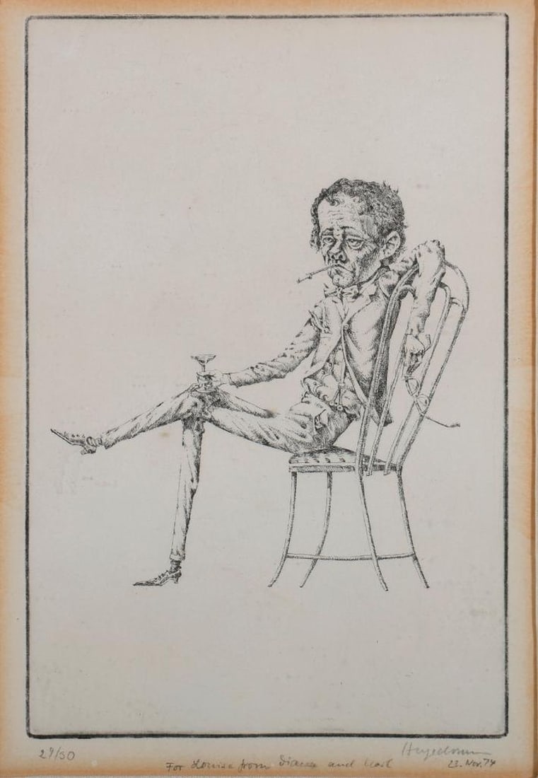Karl Hagedorn (1889-1969) Etching, Collection of Edgard Varese: Artist: Karl Hagedorn (1889-1969). Title/Description: A gentleman seated in a chair (possibly Edgard Varese). Signature: Signed lower right; inscribed "For Louise [Varese] from Diane and Karl." D