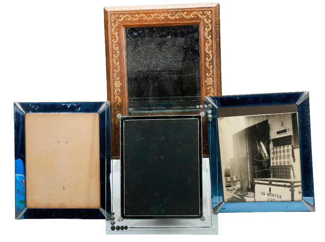 Vintage Art Deco and Leather Frames (4): An assortment of vintage frames, including a pair of Art Deco mirrored/metal corner frames (picture 7 3/4" x 9 3/4"; frame 12" x 10"), one containing a vintage photograph of 1930s trotter racehor