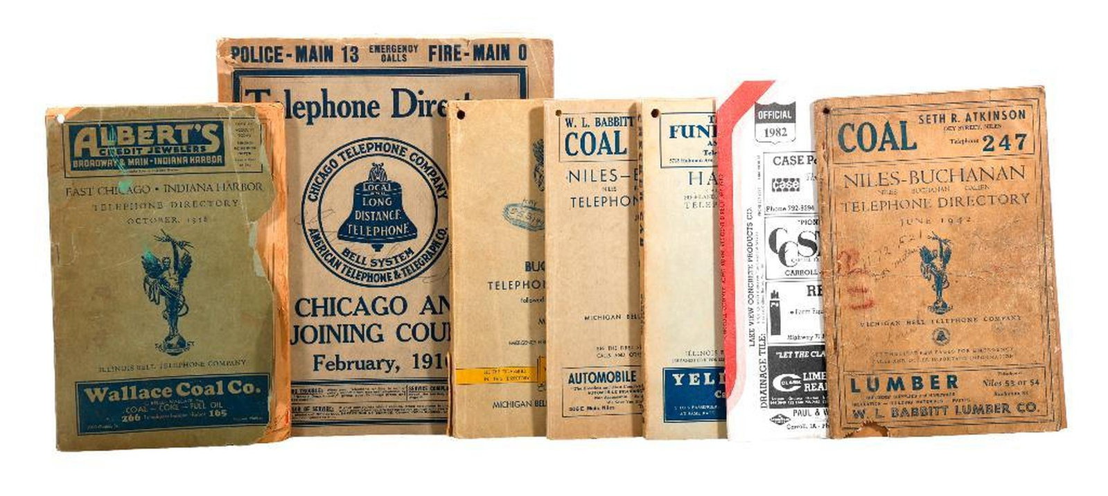 Vintage Directories/Phone Books for Illinois, Indiana, Michigan (14): [ILLINOIS; INDIANA; MICHIGAN.] 1916-1959. A collection of 14 vintage directories and phone books: 1916 Chicago Telephone Company, Chicago and Adjoining Counties (Illinois, Indiana); McDonough & Compan