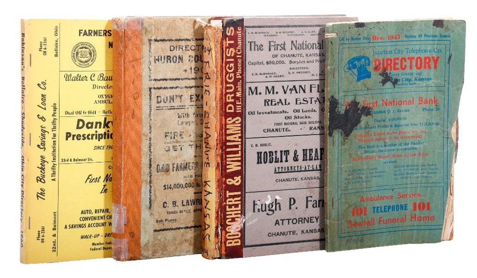 Vintage Directories/Phone Books for Ohio, West Virginia, Kansas (10): [OHIO, WEST VIRGINIA, KANSAS.] 1904-1960. A collection of 10 vintage directories and phone books: Chittenden Directory 1903-1904 for Chanute and Neosho Co., Kansas (splitting/losses); M. W. Lawrence 1