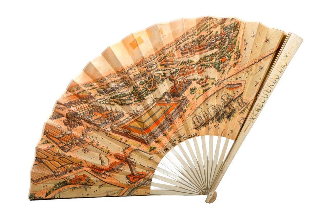 1893 Chicago Exposition Souvenir Fan, and Congress Hotel Menu: A large two-sided pictorial printed paper fan, showing the fairgrounds and exhibit buildings, text in French, "Exposition De Chicago"; hand-painted on the end wood staves; 13" x 22 1/2" opened (overal