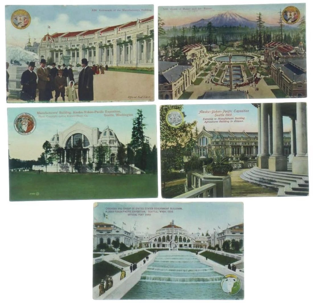 1909 Alaska Yukon Pacific Exposition Postcards (8), and Coin (1 of 6)